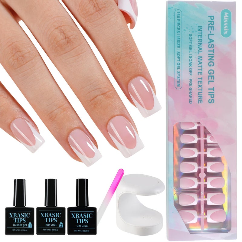 Misssix French Tip Press On Nails 160Pcs Pink French Gel Nail Tips Short Square Soft Gel Fake Nails XBASIC Tips Kit for Nail Art DIY 16 Sizes